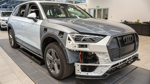 A sleek, modern car with a brushed aluminum body panel highlighted.