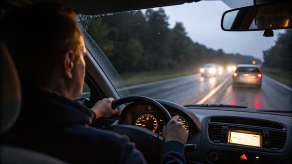 A dark road with a barely visible car that has no headlights on