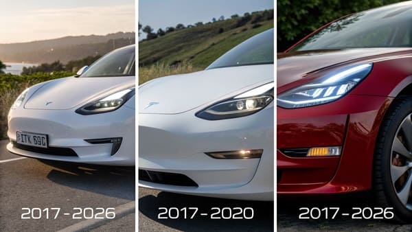 A close-up of a Tesla Model Y projector headlamp