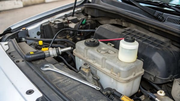 A mechanic inspecting a brake master cylinder on a car