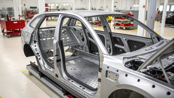 A car factory assembly line showing steel frames being welded by robotic arms.