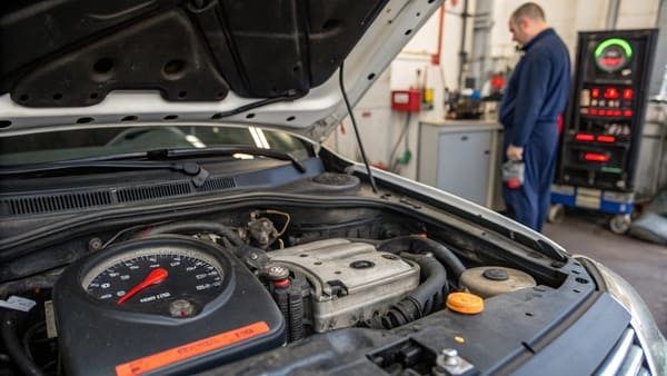 An engine bay with a focus on the coolant reservoir and radiator cap