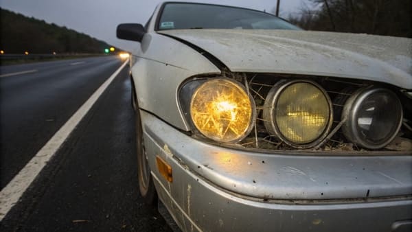 A clear new headlight lens next to a yellowed old one
