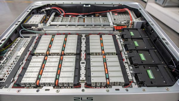 A close-up of thousands of cylindrical battery cells arranged in a battery pack