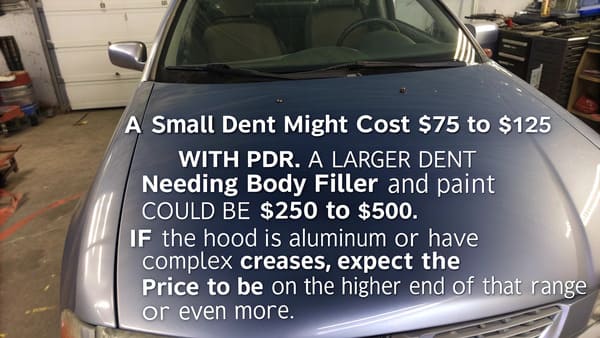A split image showing PDR tools on one side and a painted hood on the other.