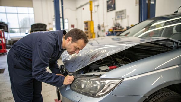 A technician using PDR tools on a minor car dent.