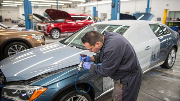 A collection of DIY car painting supplies like spray cans and sandpaper