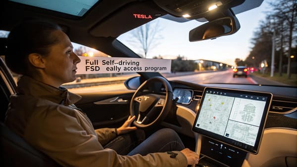 A Tesla dashboard showing the FSD visualization on the screen