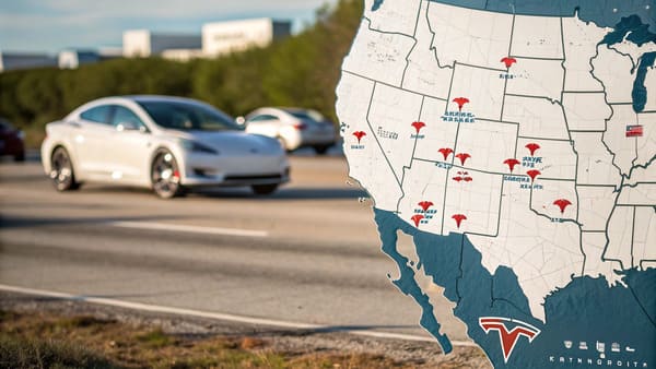 An image showing a Tesla charging in front of a sunny California backdrop with wind turbines.