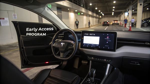 A person's hands on a Tesla steering wheel, driving carefully
