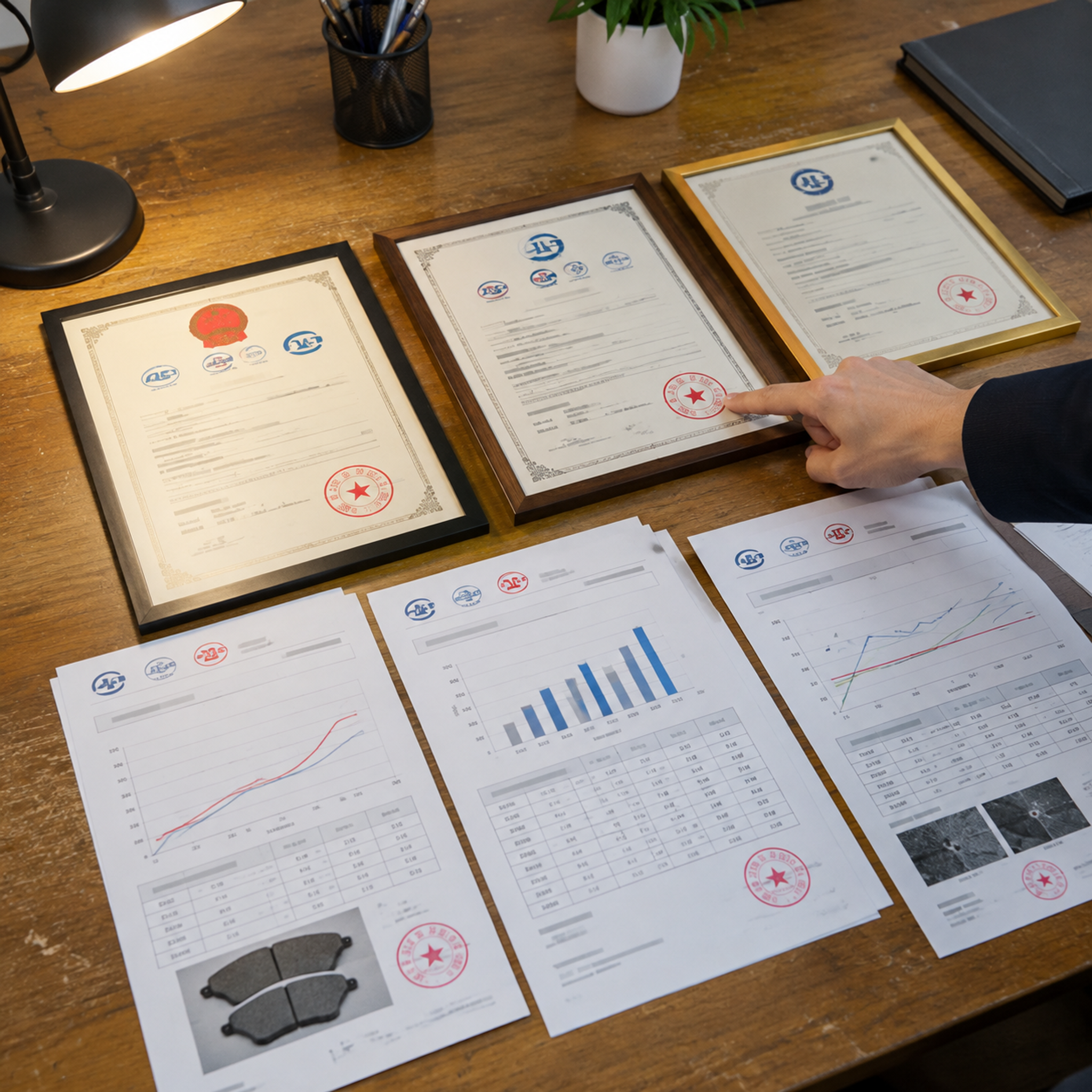 Brake pad supplier verification documents Quality certificates and test reports for ceramic and semi-metallic brake pads